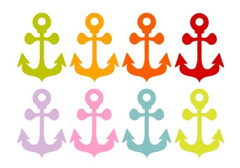 Set with coloured anchors on white background 