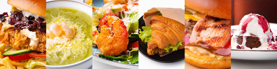Long collage made from some delicious kinds of food.