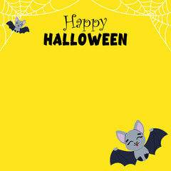 The banner is yellow for Halloween with cobwebs. Cute cartoon bat, Halloween, for decorating postcards. Halloween Design, Halloween Mood