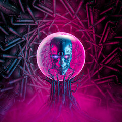 Evil artificial intelligence skull - 3D illustration of science fiction scene showing metallic robot head inside glowing glass globe