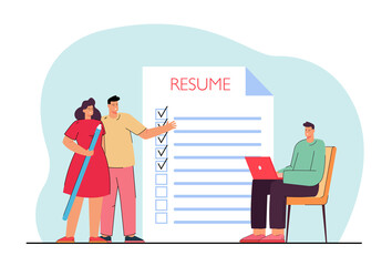 Search for candidate for open company position. Applicant filling resume for vacancy. CV preparing for interview. Recruitment, employment concept. Flat cartoon vector illustration.