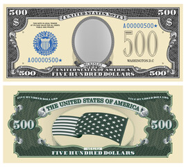Fictional template obverse and reverse of US paper money. Five hundred dollar banknote. Empty oval, stars-striped flag and guilloche frames. McKinley