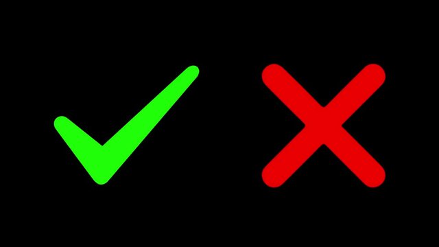 Check mark symbols animation, tick and cross brush signs, green checkmark OK and red X icons, symbols YES and NO button for vote, decision, election choice icon. . Tick sign Yes and No symbols choice.