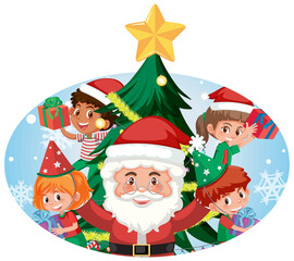 Santa Claus with happy children and Christmas tree