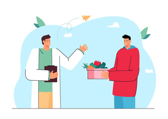 Volunteer giving food donation to happy man doctor. Caring guy bringing donating vegetables to medical institution or hospital. Charity, humanitarian aid. Flat vector illustration.