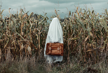 Ghost in glasses with suitcase on corn field in autumn