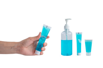 Hand with alcohol gel or hand sanitizer pump bottle for washing hand in hospital or public area. 
