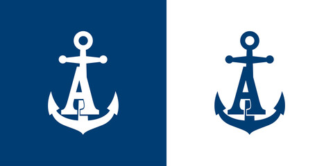 Logotipo con letra inicial A en silueta de ancla de barco en fondo azul y fondo blanco