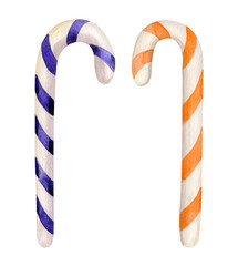 Candy cane orange and lilac. Watercolor illustration isolated on white.