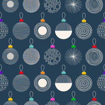 Modern  christmas seamless pattern with white round christmas ball of lines, circles, drops on blue background. Vector festive hand drawn illustration