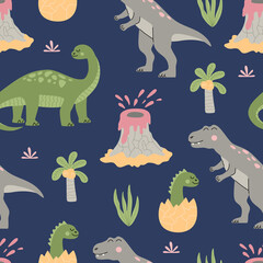 Cartoon cute dinosaurs Seamless pattern, tropical plants and volcano, jurassic period. Colourful animals and palmas on blue background. Hand drawn vector illustration in modern flat style.