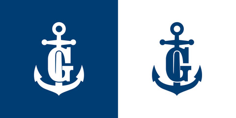 Logotipo con letra inicial G en silueta de ancla de barco en fondo azul y fondo blanco