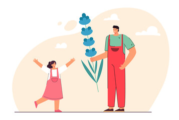 Smiling guy greeting girl giving flower. Happy man making surprise congratulating woman with bouquet on birthday or Valentines day. Love, relationships concept. Flat vector illustration.