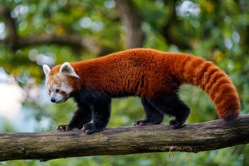 Fototapety  Red panda (Ailurus fulgens) on the tree. Cute panda bear in forest habitat.