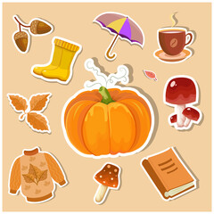 Autumn hand drawn elements collection. Stikers. Can be used to print books, magazines, stickers, magnets, postcards. Cute vector illustration in cartoon style.