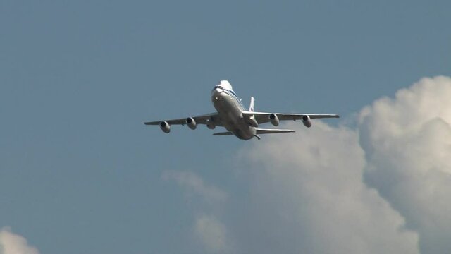 Aircraft Ilyushin Il-80 Il-86VKP air command post (NATO: Maxdome) performs horizontal flight in air parade to celebrate 100th anniversary Russian military aviation. Zhukovsky, Russia, August 10, 2012
