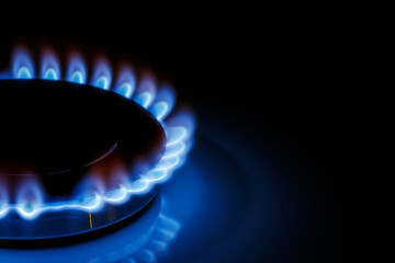 The blue flame of the gas burner of the kitchen stove in the dark. Place under the text.