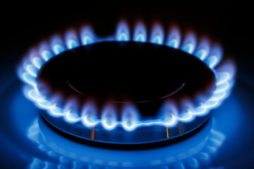 The blue flame of the gas burner of the kitchen stove in the dark - obrazy, fototapety, plakaty
