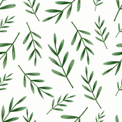 Seamless pattern with green leaves. Watercolor illustration. Nature. Plants. Printing on fabric. Packing paper. Beautiful. Cute. Design. Background. Flowers.