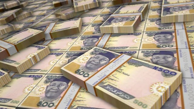 Nigerian Naira banknote bundle loop. NGN money stacks. Concept of business, economy, banking and finance in Nigeria. Camera over cash packs. Loopable seamless 3d animation.