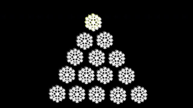 Animation of snowflakes making New Year tree appear. Glow white on black background. 