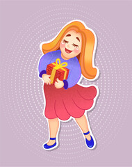 Little girl with a gift.. Cartoon drawing. Vector. Can be used to print books, magazines, stickers, magnets, postcards and collages for web design. Childrens illustration.