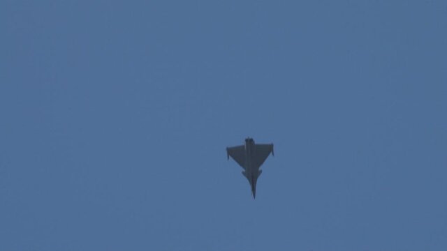 Fourth-generation French multi-role fighter Dassault Rafale performs vertical maneuver before landing. Close-up. Zhukovsky, Russia, August 9, 2012.