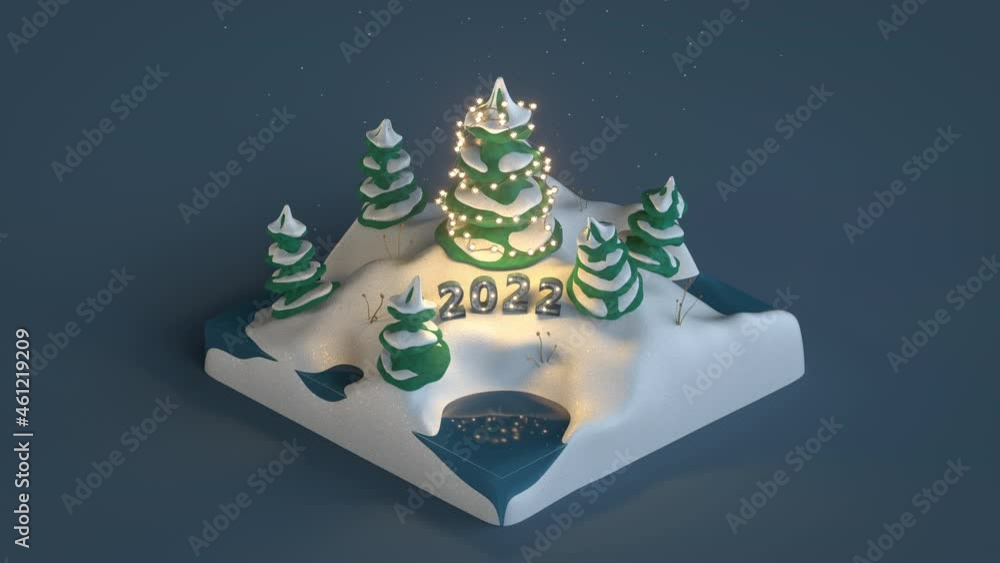 Poster isometric winter christmas scene with 2022 text. dreamlike cartoon 3d render seamless loop animation