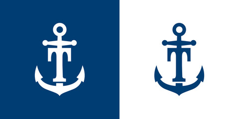 Logotipo con letra inicial T en silueta de ancla de barco en fondo azul y fondo blanco