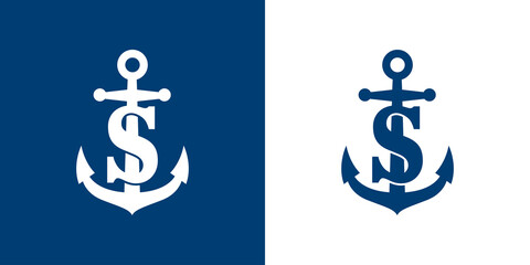 Logotipo con letra inicial S en silueta de ancla de barco en fondo azul y fondo blanco © teracreonte