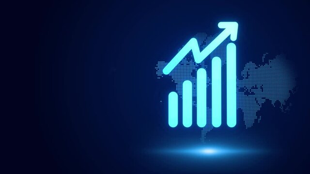 Business growth currency stock and investment economy market share Loop Background. Futuristic raise arrow with bar chart graph digital transformation abstract technology background. Big data