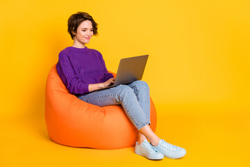 Portrait of attractive focused cheerful girl sitting in chair using laptop writing e-mail isolated...