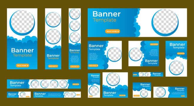 Abstract blue banner for web template set with place for images. Horizontal, vertical and square business ad template with standard size. vector EPS