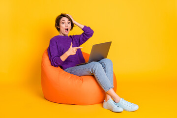 Portrait of beautiful trendy amazed girl sitting in chair demonstrating laptop study learn isolated...
