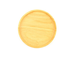Top view, Empty circle wooden plate isolated on a white backgroun. Used for home or restaurant, food design. Kitchen accessory..