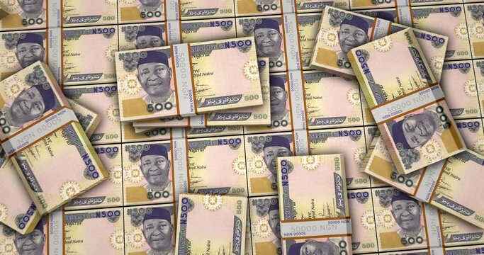 Nigerian Naira banknotes 3d animation. Camera view from close to long distance. NIS money packs. Concept of inflation, economy, crisis, business, banking, debt and finance in Nigeria.