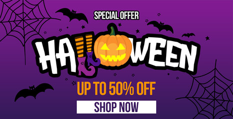 Special offer, Halloween Sale. up to 50% off - Marketing promotion banner. Hand drawn lettering card, background. Vector illustration for banner, discounting, posters, social media, or other printing.