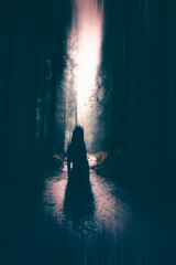 Horror halloween concept. strange silhouette in a dark spooky forest at night