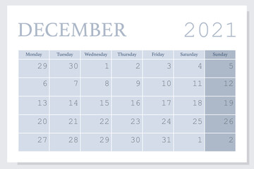Calendar for December, office supplies, schedule of the day, diary, Monday through Sunday, schedule for the month.