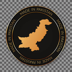 Fototapeta premium MADE IN PAKISTAN - round vector banner with golden map of Pakistan 