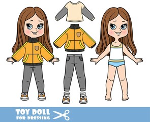 Cartoon girl with straight hair dressed and clothes separately - jacket, long sleeve t-shirt, jeans and sneakers doll for dressing