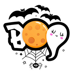 Boo - Happy halloween quote on white background with a cute hanging spider, candy corn and yellow full moon.  Good for t-shirt, mug, banner, gift, printing press. Holiday quote, Sales promotion.