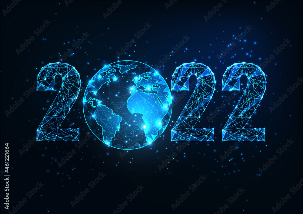 Wall mural futuristic new year digital web banner template with glowing low polygonal 2022 number and planet ea