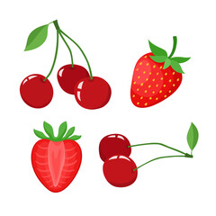 Cartoon bright natural strawberries and cherries isolated on white.