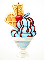 Soft blue ice cream poured with chocolate syrup with cherry and waffle pieces  in bowl isolated on a white background