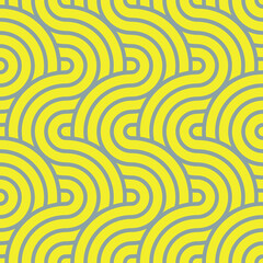 Abstracte trendy golven met contour verstrengeld in trendkleur 2021 geel en grijs. Naadloos modern patroon voor stijlvolle stoffen, decoratieve kussens, inpakpapier. Vector.