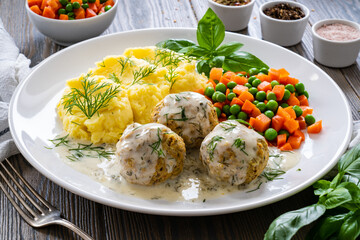 Boiled meatballs in dill sauce with potato puree, carrots and peas on wooden table
