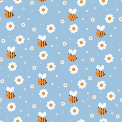Seamless pattern with flying bee and flowers