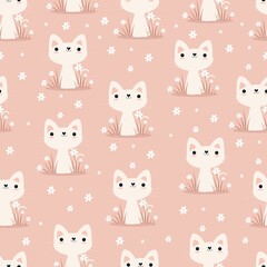 Seamless pattern with cute cat and flowers