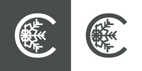 Logotipo letra C con silueta de copo de nieve en fondo gris y fondo blanco